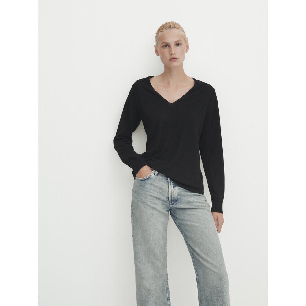 Massimo Dutti Wool Cashmere Blend Black V-Neck Long Sleeve Sweater Size Small